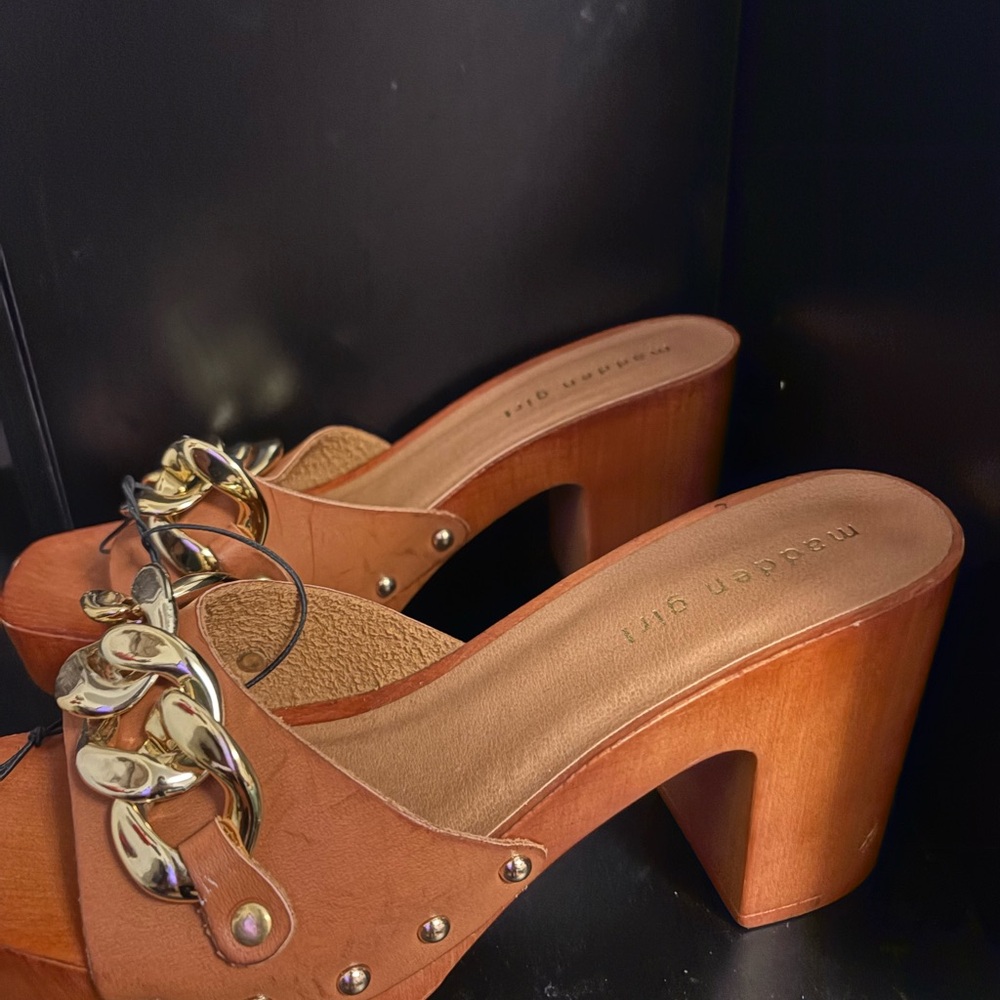 Madden Girl Tan Mules with Gold Chain Detail